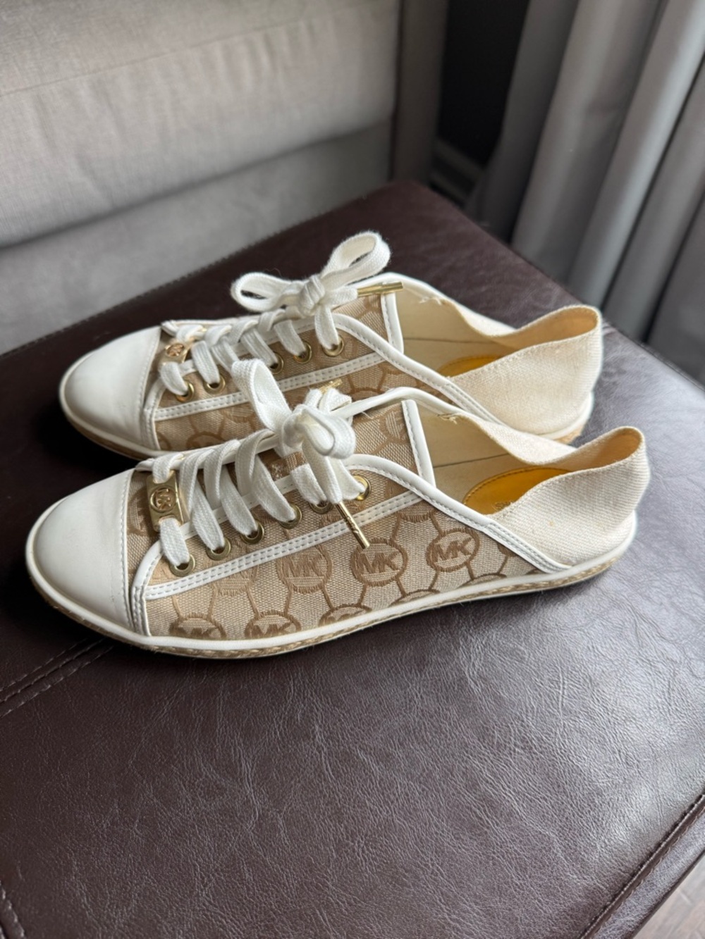 Michael Kors Beige and White Signature Canvas Lace-Up Sneakers